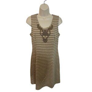 SHARAGANO Women's Size 8 Tan Striped Dress with Beaded Embellishment
